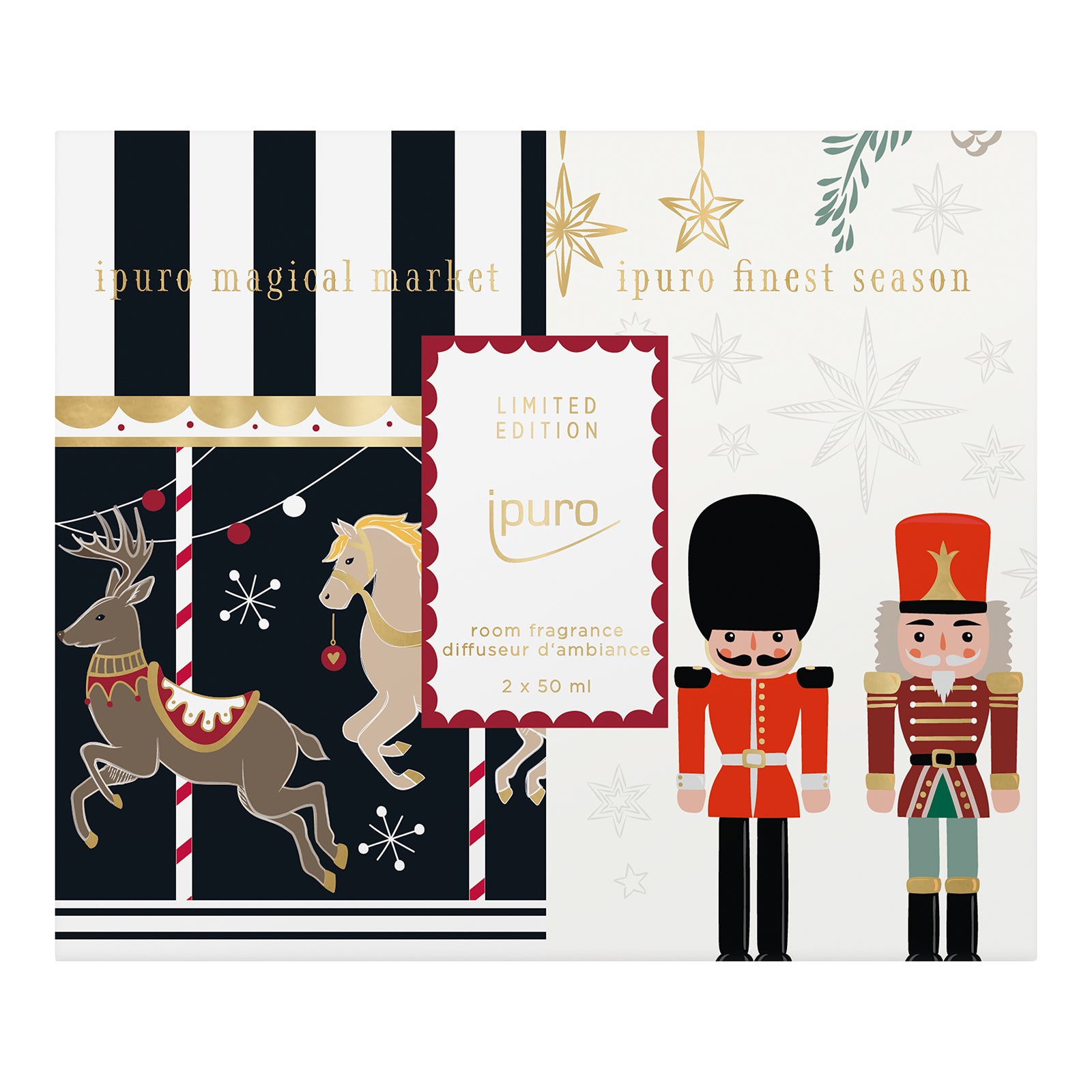 Das LIMITED EDITION ipuro finest season & magical market Geschenk-Set besticht durch festliche Designs und einen fruchtig-würzigen Vanilleduft. Enthält 2 x 50 ml Raumdüfte. Branding: ipuro, "finest season", "magical market", Limited Edition.