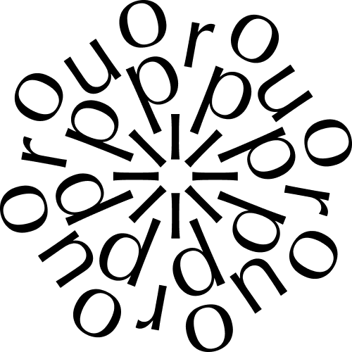 Die schwarzen Kleinbuchstaben o, p, r und u sind in einem kreisförmigen, strahlenförmigen Muster auf weißem Hintergrund angeordnet und bilden ein symmetrisches, blumenartiges Muster.
