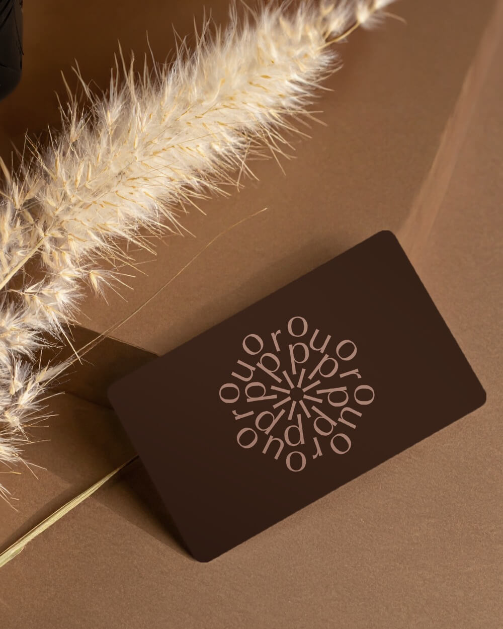 Eine braune Karte mit dem kreisförmig wiederholten Wort ouroporourop, die auf einer braunen Fläche neben einem getrockneten Pampasgrashalm liegt.