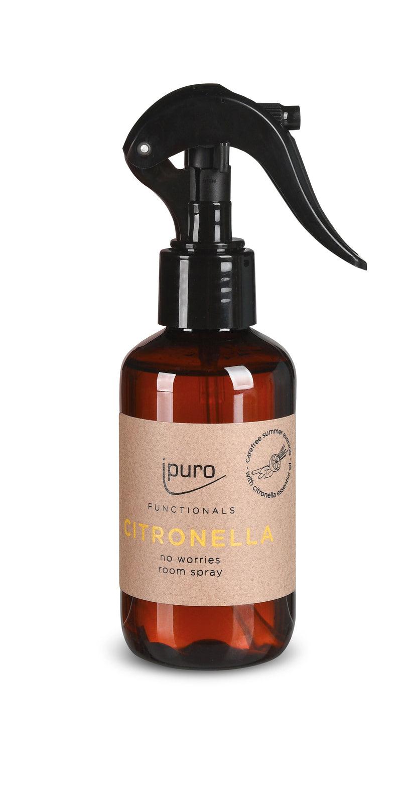 Eine braune Sprühflasche ipuro FUNCTIONALS citronella Raumspray 150ml mit schwarzer Abzugsdüse und Kraftpapieretikett mit Citronella-Duft wird vor einem weißen Hintergrund präsentiert.