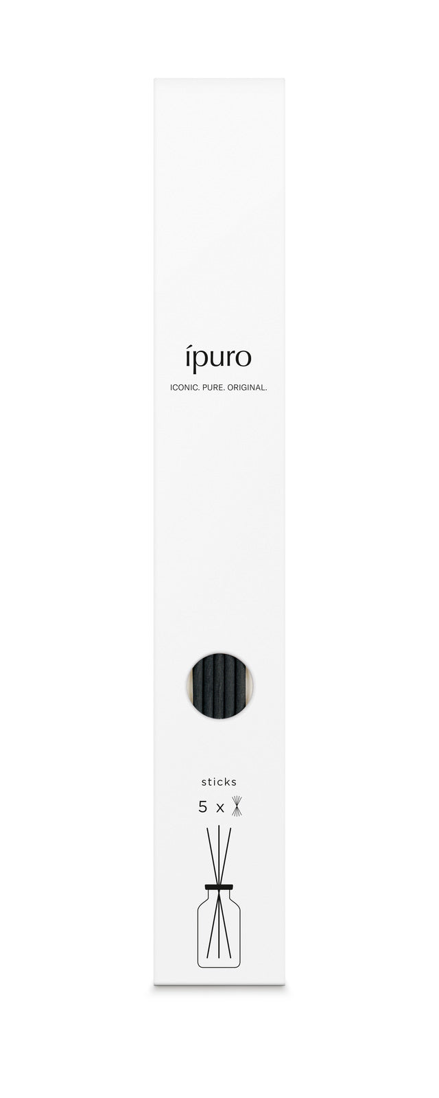 Eine weiße rechteckige Schachtel mit ipuro black Sticks für 240ml von ipuro, mit minimalistischem Text und einem kleinen runden Fenster, das schwarze Duftstäbchen zeigt. Auf der Vorderseite sind der Markenname, Produktdetails und ein einfaches Symbol für den Stick-Diffusor abgebildet.