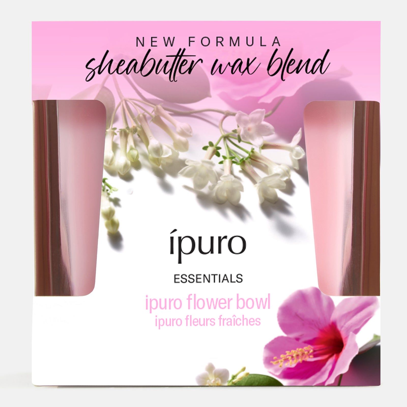 Eine Packung ipuro Duftkerze Flower Bowl von ipuro enthält zwei rosafarbene Wachsschmelzen, Blumenbilder, rosa Akzente und einen englischen und französischen Text, der einen blumigen, belebenden Duft beschreibt.