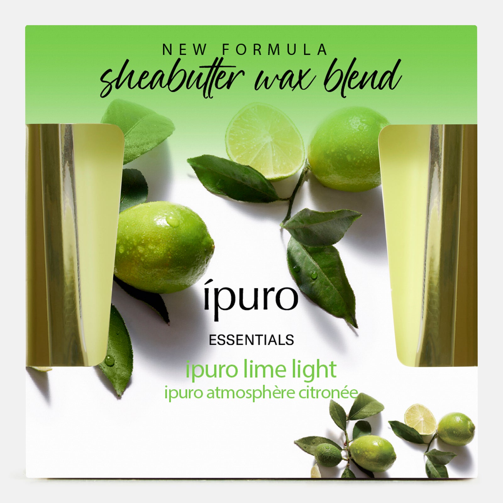 Dose ipuro Duftkerze lime light von ipuro, mit Abbildungen von Limetten und Limettenblättern. Enthält zwei sichtbare Wachsschmelzen mit einem frischen Duft von Zitrusfrüchten und Zitronengras.