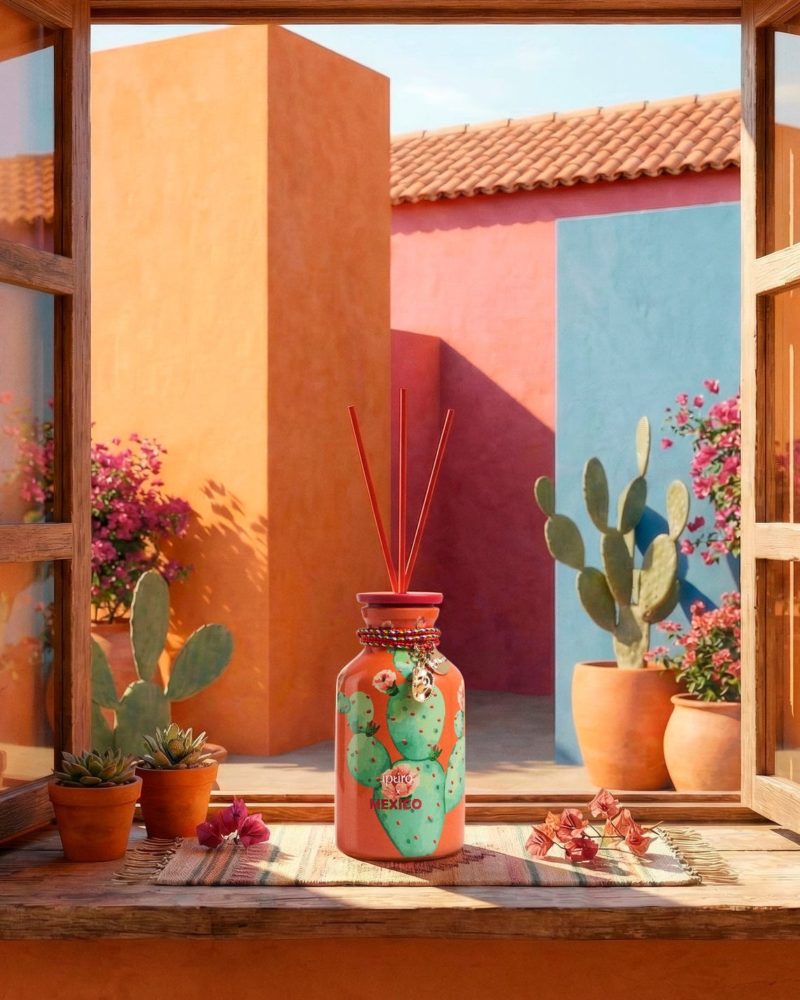 Ein dekoratives Gefäß mit roten Schilfrohrstäben steht auf einer Fensterbank, umgeben von kleinen Sukkulenten. Draußen schaffen sonnenbeschienene orange, rosa und blaue Wände, getopfte Kakteen und blühende Bougainvillea eine lebendige, farbenfrohe Innenhofszene.