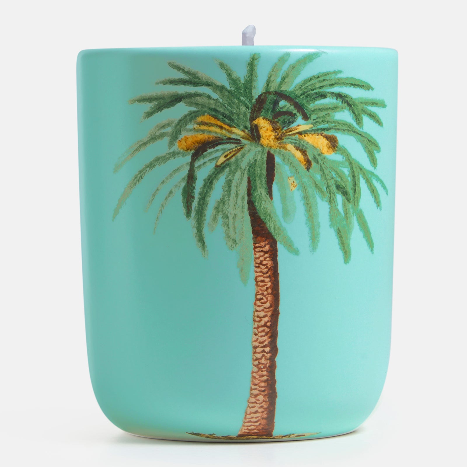 Die ipuro Duftkerze ipuro x Dubai 270g zeigt eine gemalte Palme mit braunem Stamm und grünen Wedeln in hellem Türkis, die exotische Düfte von Sandelholz und orientalischen Parfums einfängt, dargestellt vor einem schlichten weißen Hintergrund.