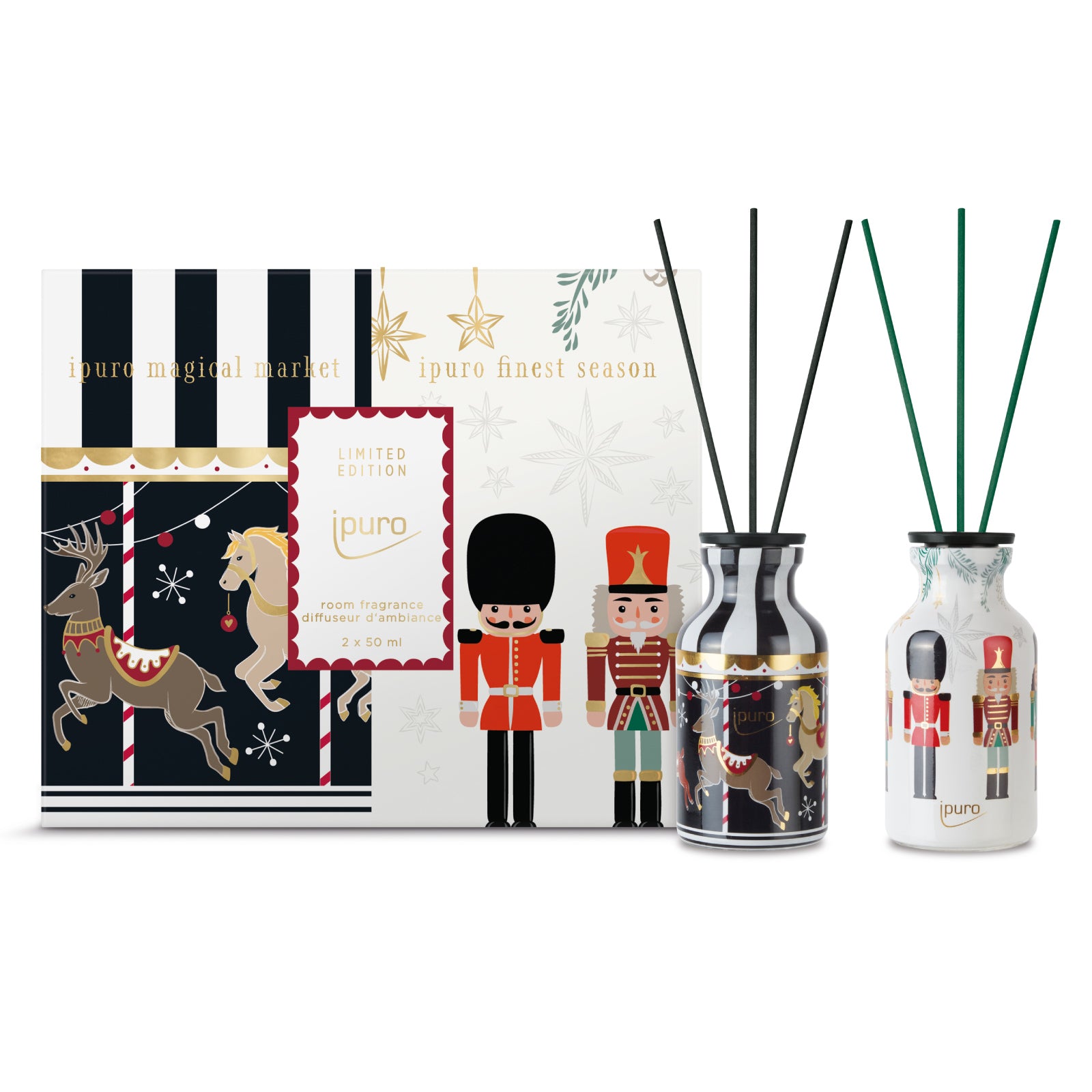 Das ipuro magical&finest Set 2x50ml enthält zwei dekorative Duftdiffusoren in einer festlichen Geschenkbox mit Nussknacker, Karussellpferd und goldenen Sternen - perfekt für die Weihnachtszeit.