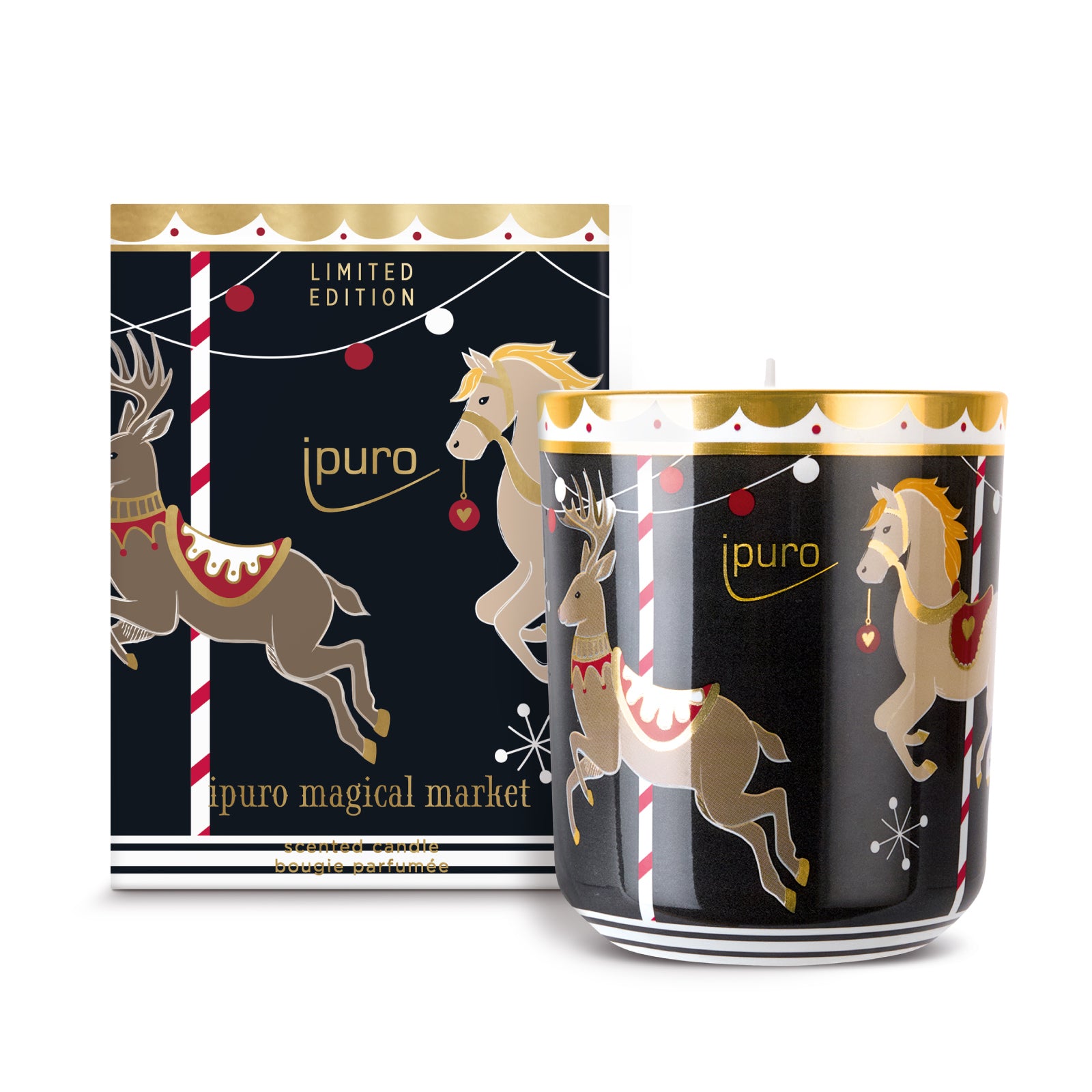 Die ipuro magical market Kerze 270gr von ipuro ist eine dekorative Kerze und Dose mit Karussell-Rentieren und Pferden in Gold, Rot und Weiß. Auf der festlichen schwarzen Verpackung steht "ipuro magical market" und "Limited Edition".